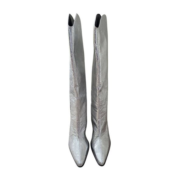 Steve Madden Silver Pointed Toe Size 6.5 Block Heel Knee High Boots NEW - Picture 5 of 9